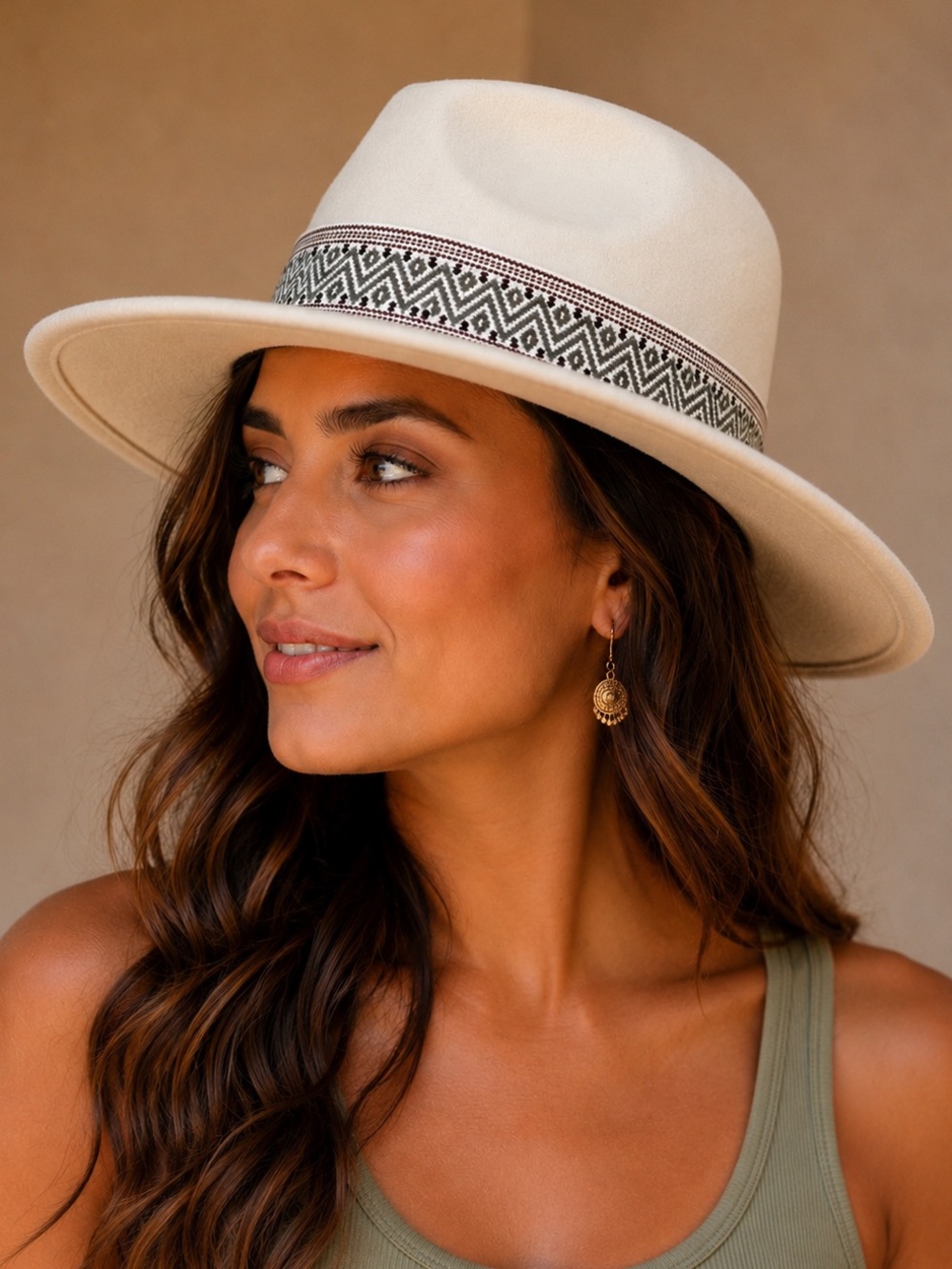 Cream Wide-Brim Fedora  with Patterned Band O/S (fits most)